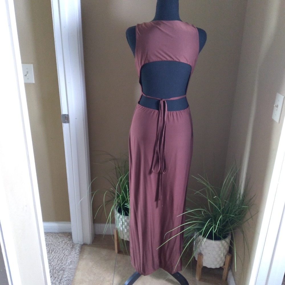 SOLD SHEIN Women's Brown Cut Out Tie Back Side Slit Dress-Size Medium - Picture 6 of 9